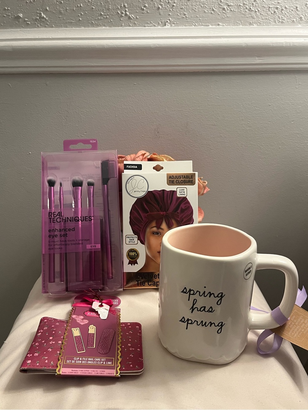 RAE DUNN Mug + Eye Brush Set, Velvet Bonnet & Nail Clip Set (NWT) 4-Piece Set. - Picture 10 of 11